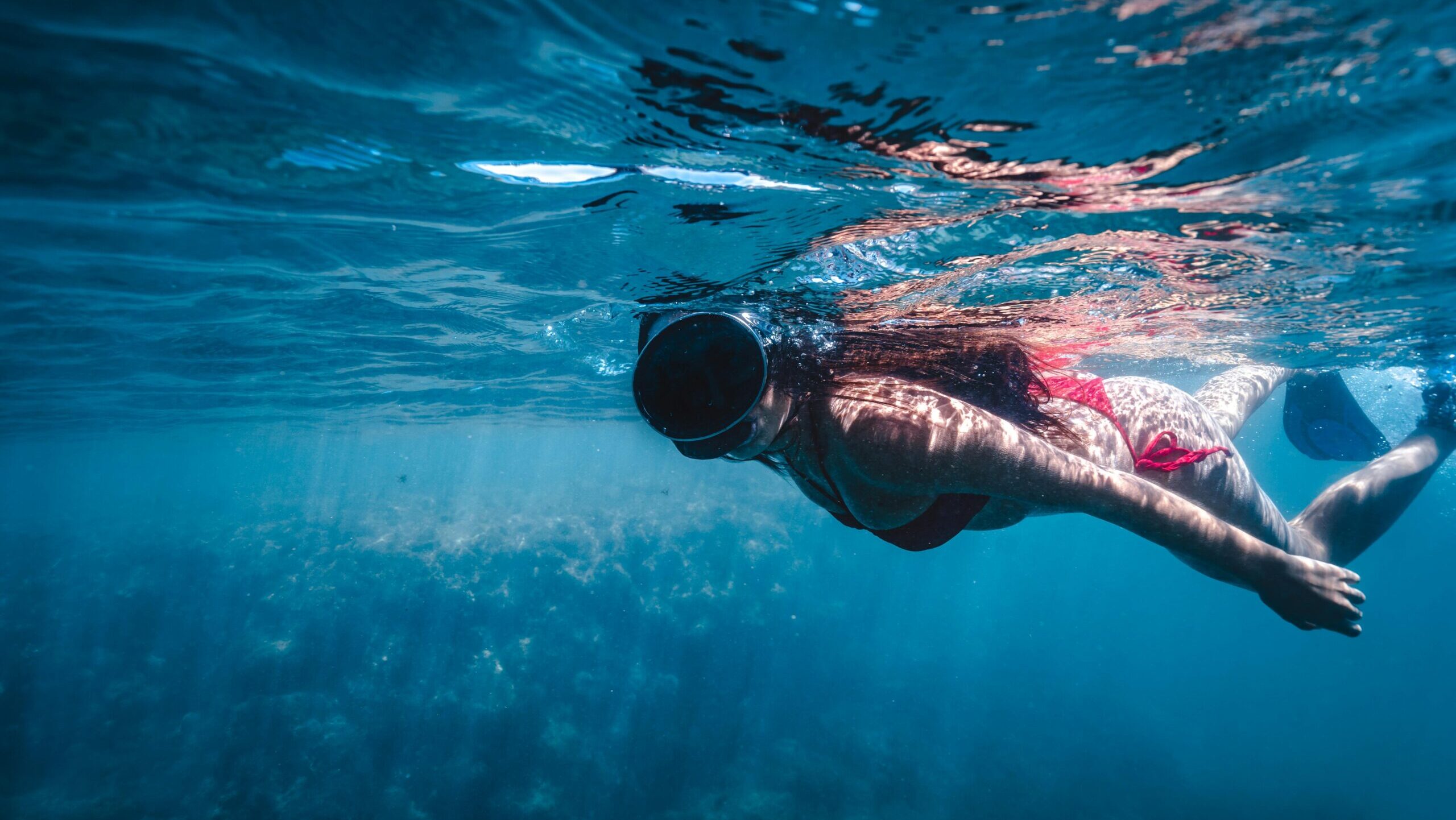 A woman wearing a bikini snorkeling in the clear blue sea of Bahia, Brazil, enjoying underwater exploration.